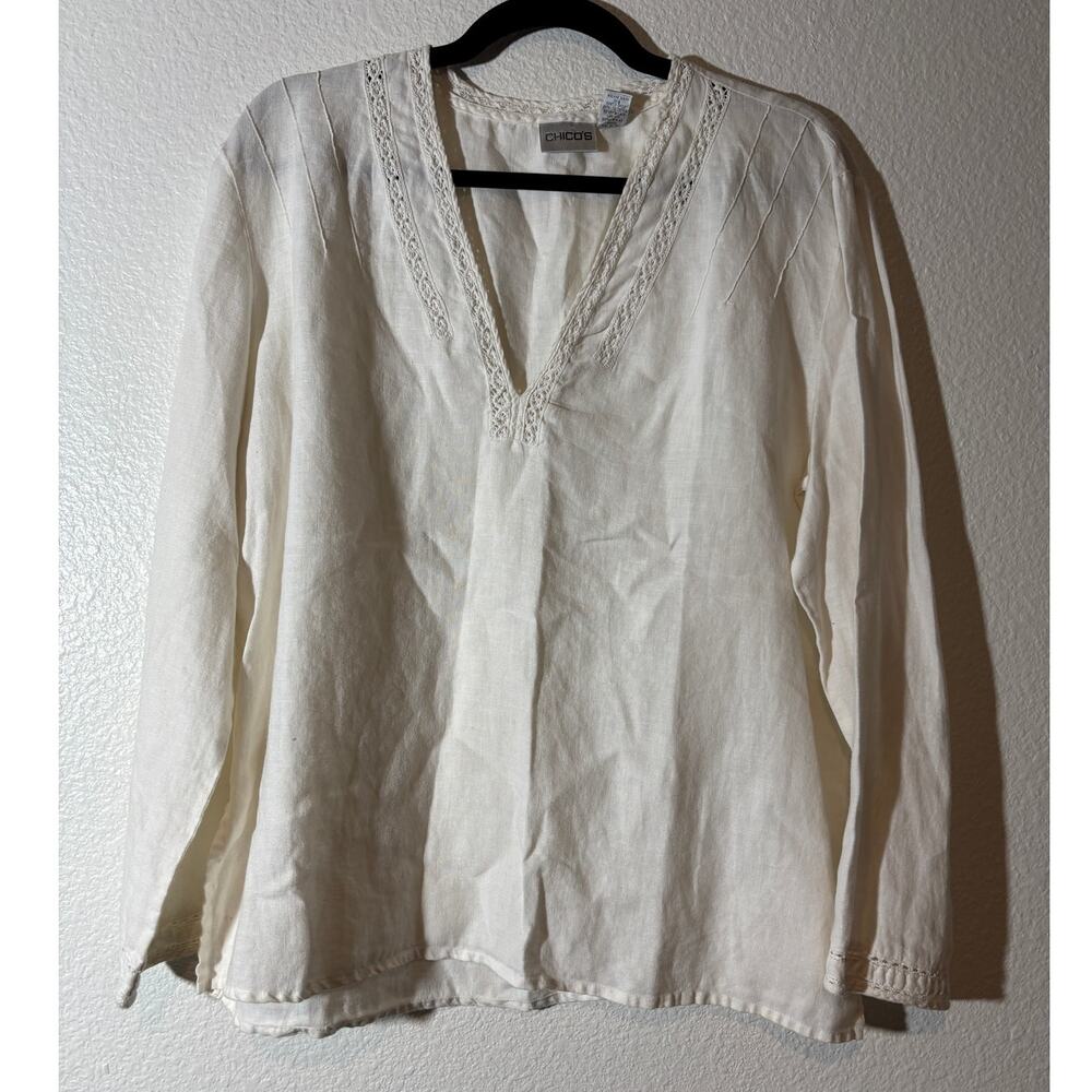 Chico's Size 2 (L) Cream Lace Eyelet Trim V-Neck Long Sleeve Linen Blouse Top